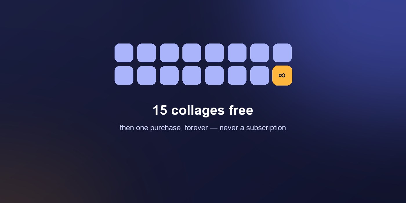 Fifteen small tiles in a row and one amber tile with an infinity sign: fifteen free, then one purchase