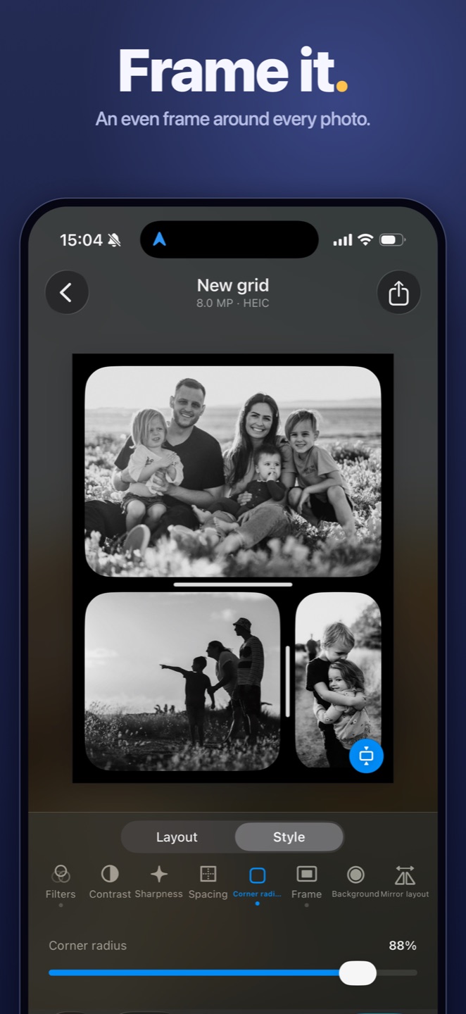 An even frame drawn around every photo in the collage